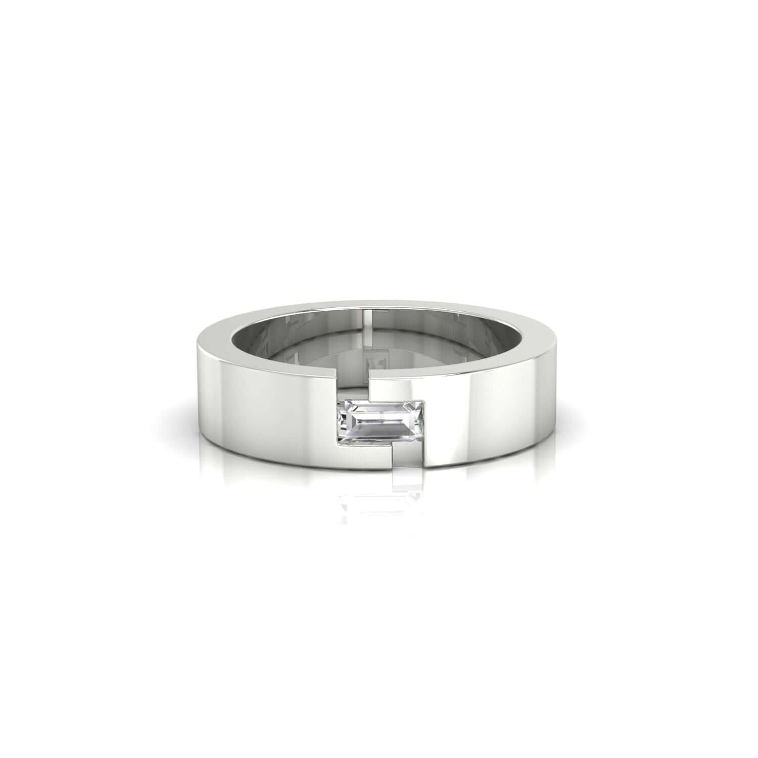 Rose gold baguette diamond men's wedding band with open band setting.