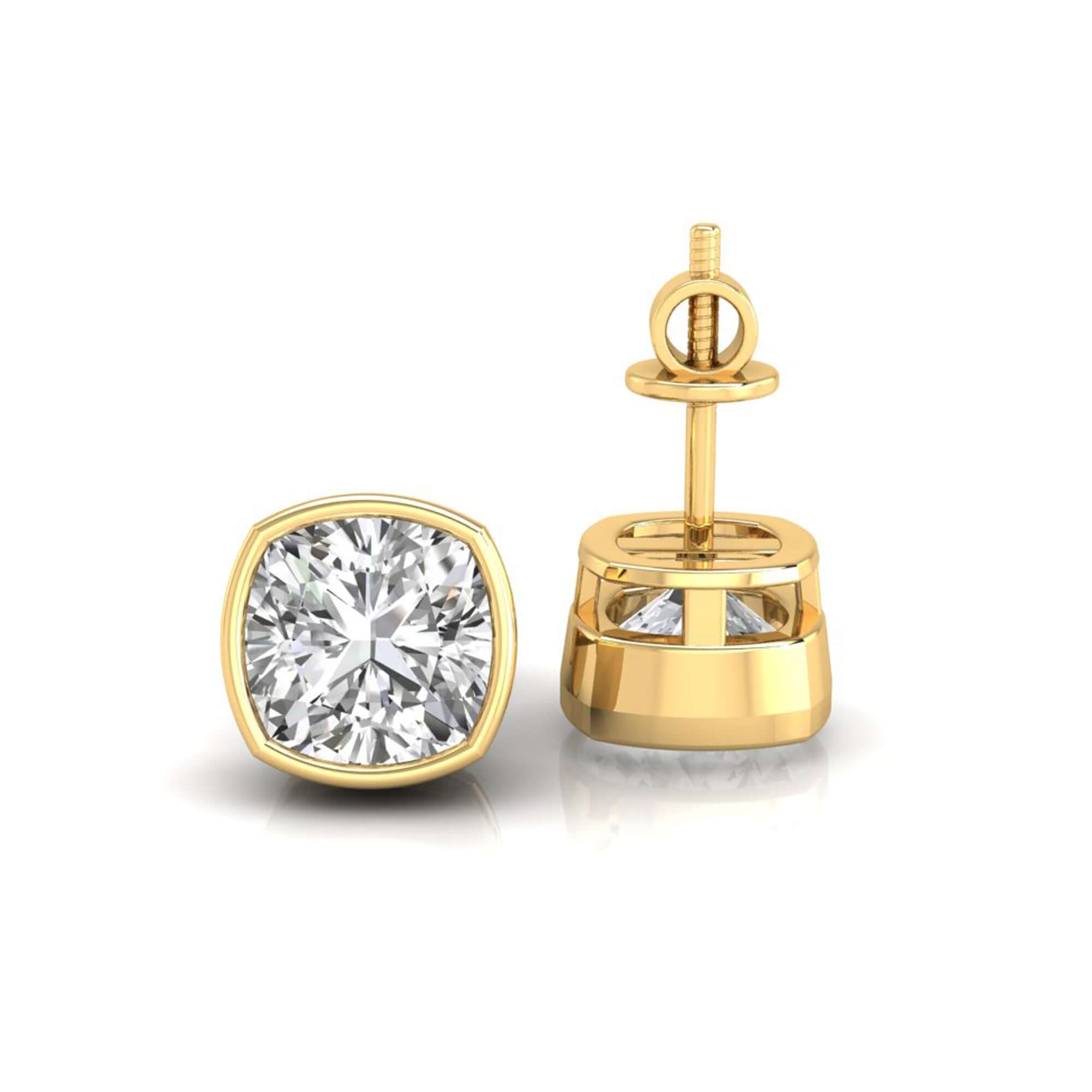 Cushion cut bezel set diamond earrings crafted by Diamondrensu UK.