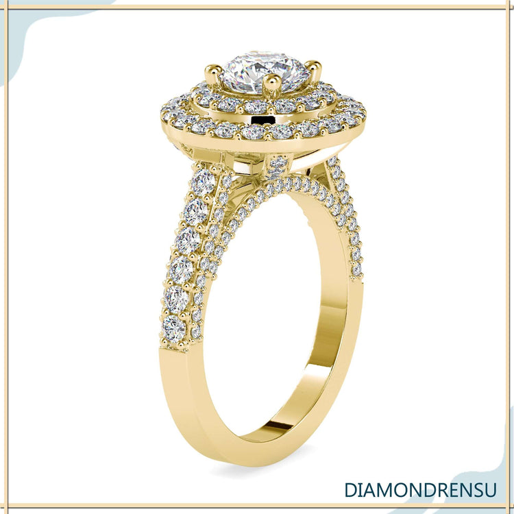 Pave engagement ring with round prong setting and halo.