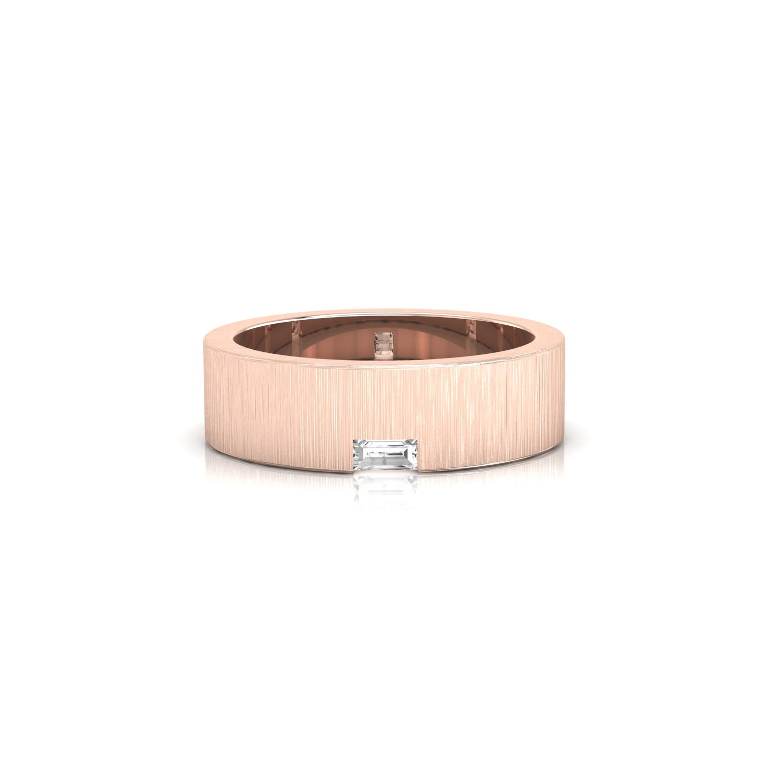Baguette cut wedding band in white gold brush finish band.