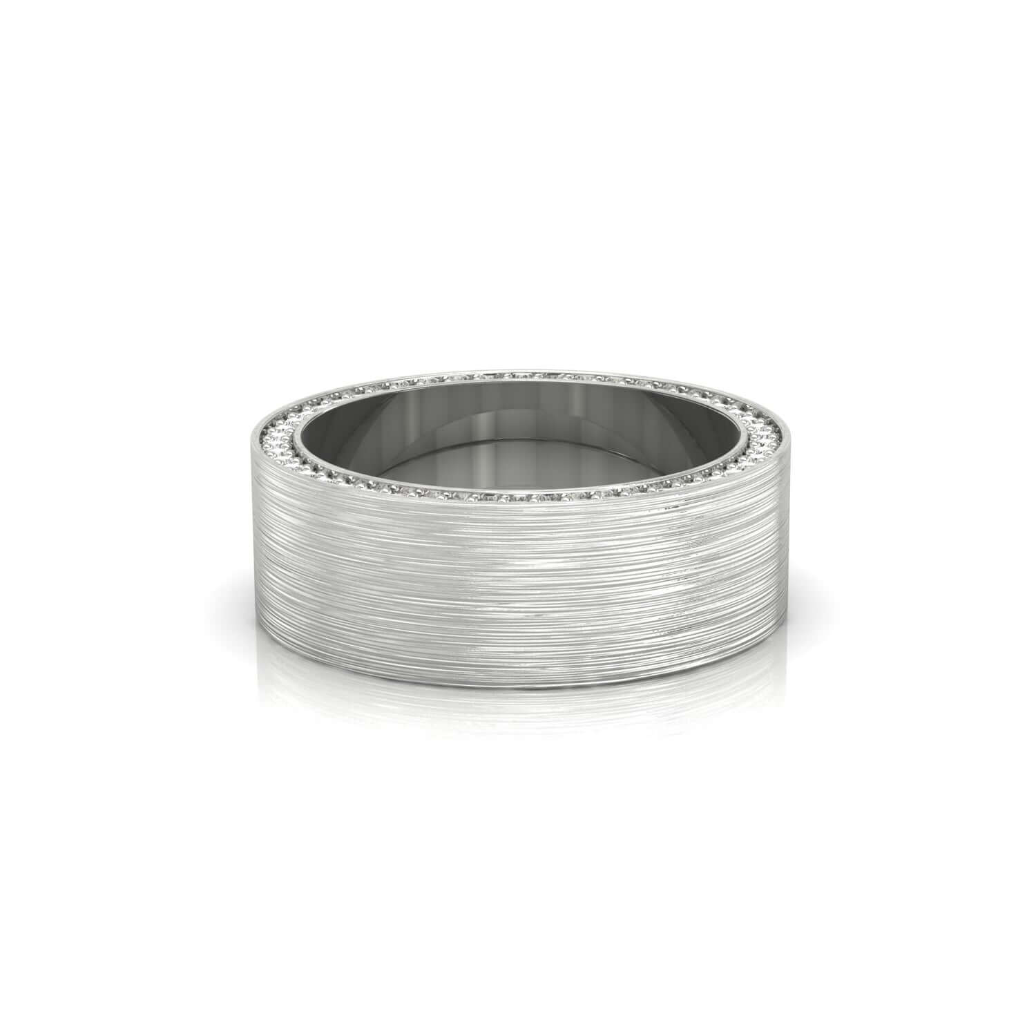 Wedding band ring for men with row of shimmering round cut diamonds.