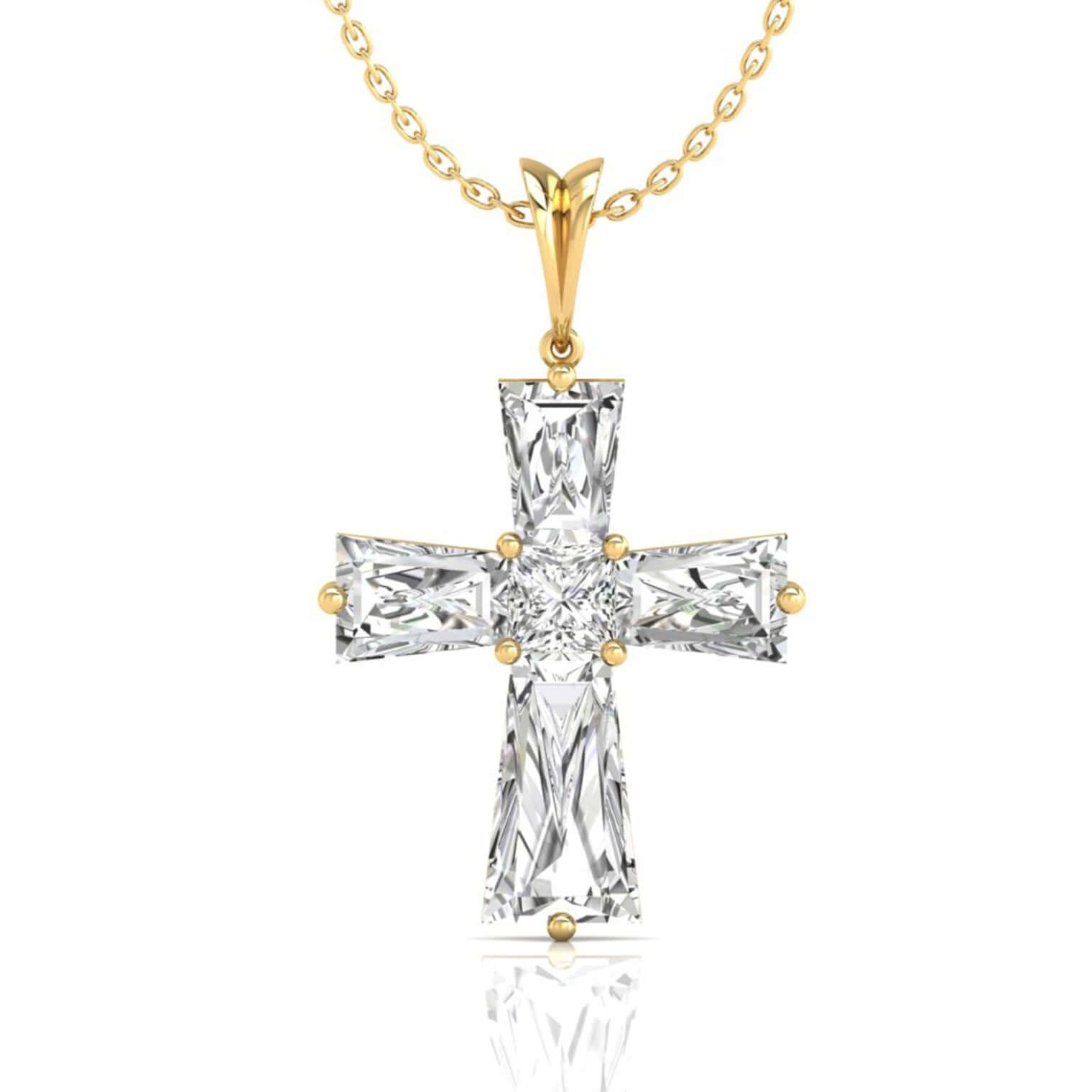 Princess cut cross pendant with tapered baguette side stones.