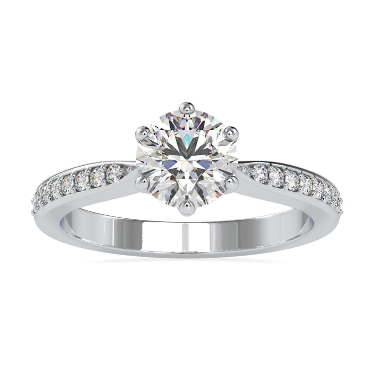 Lab diamond pave ring with round cut stones and tapered shank.