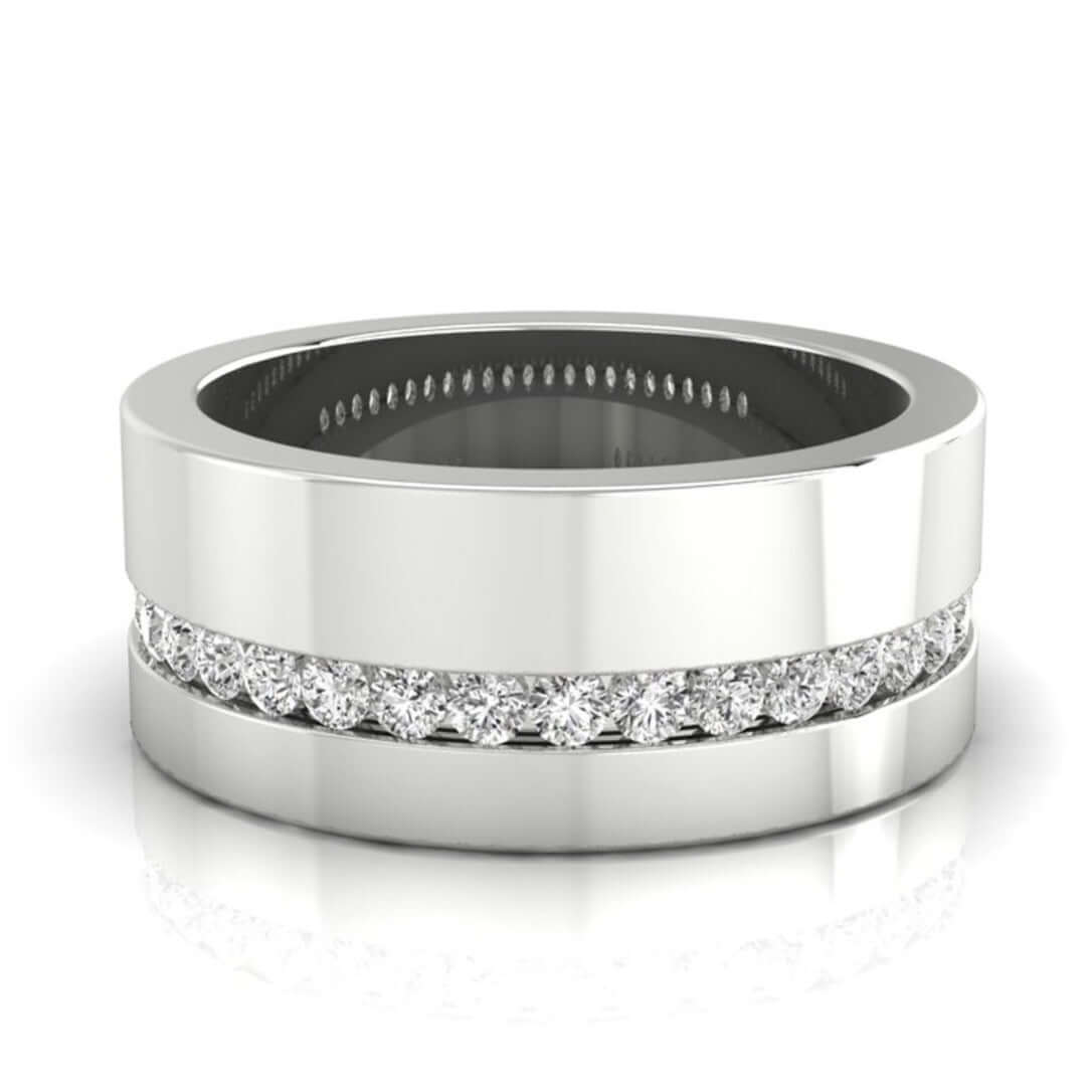 White gold mens wedding band with round cut diamond wedding band style.