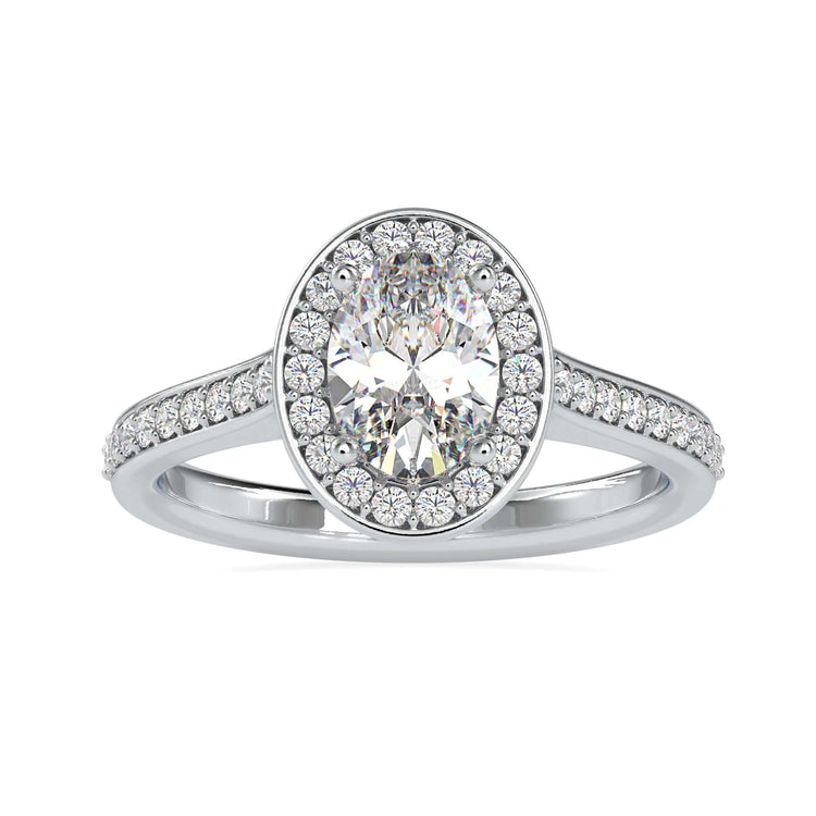 IGI certified engagement ring with oval halo and side pave.