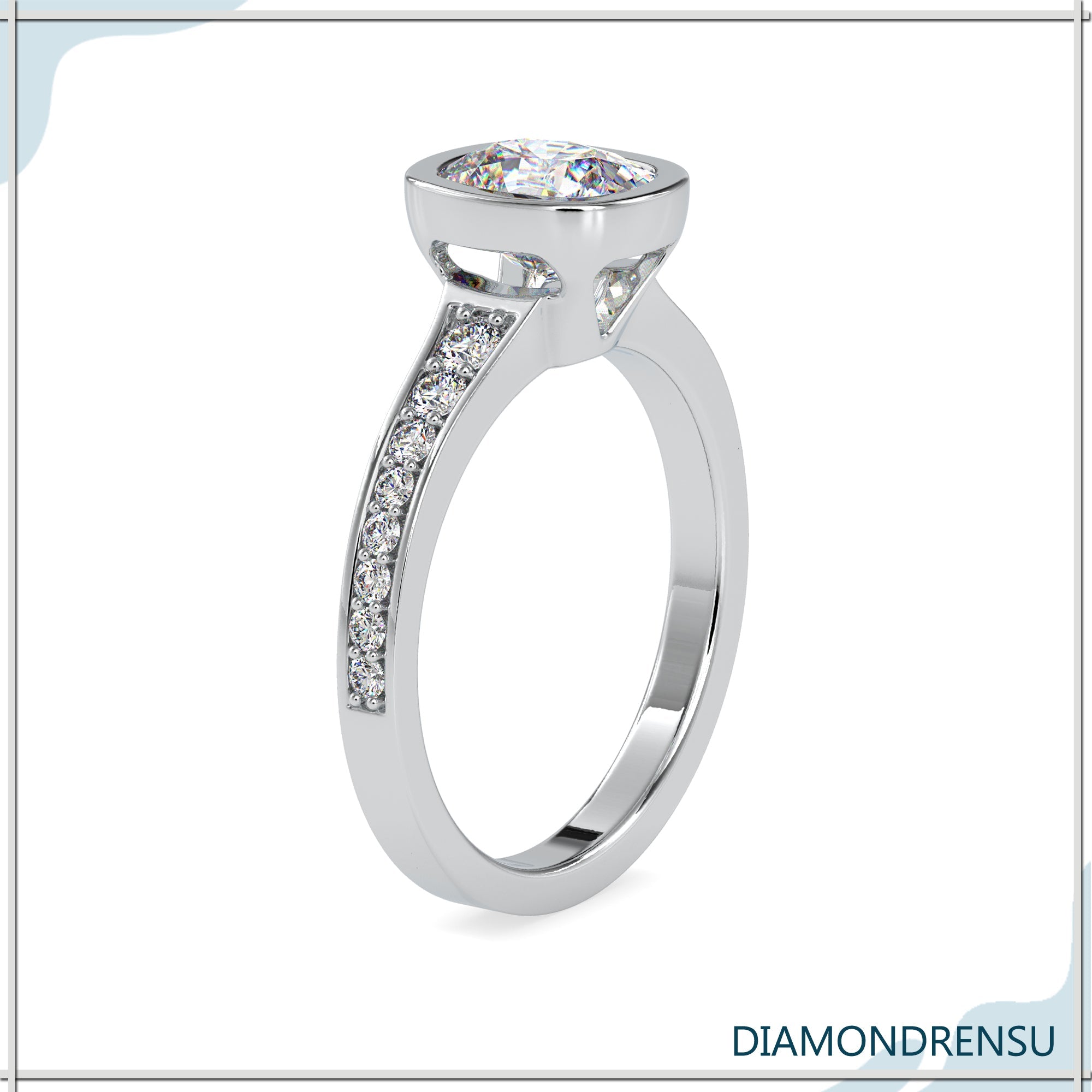 Rose gold ring featuring bezel mounted cushion diamond.