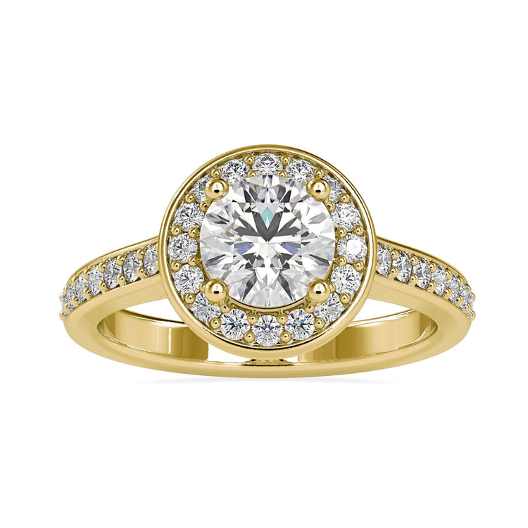 Round cut halo ring with four round prong setting in rose gold.