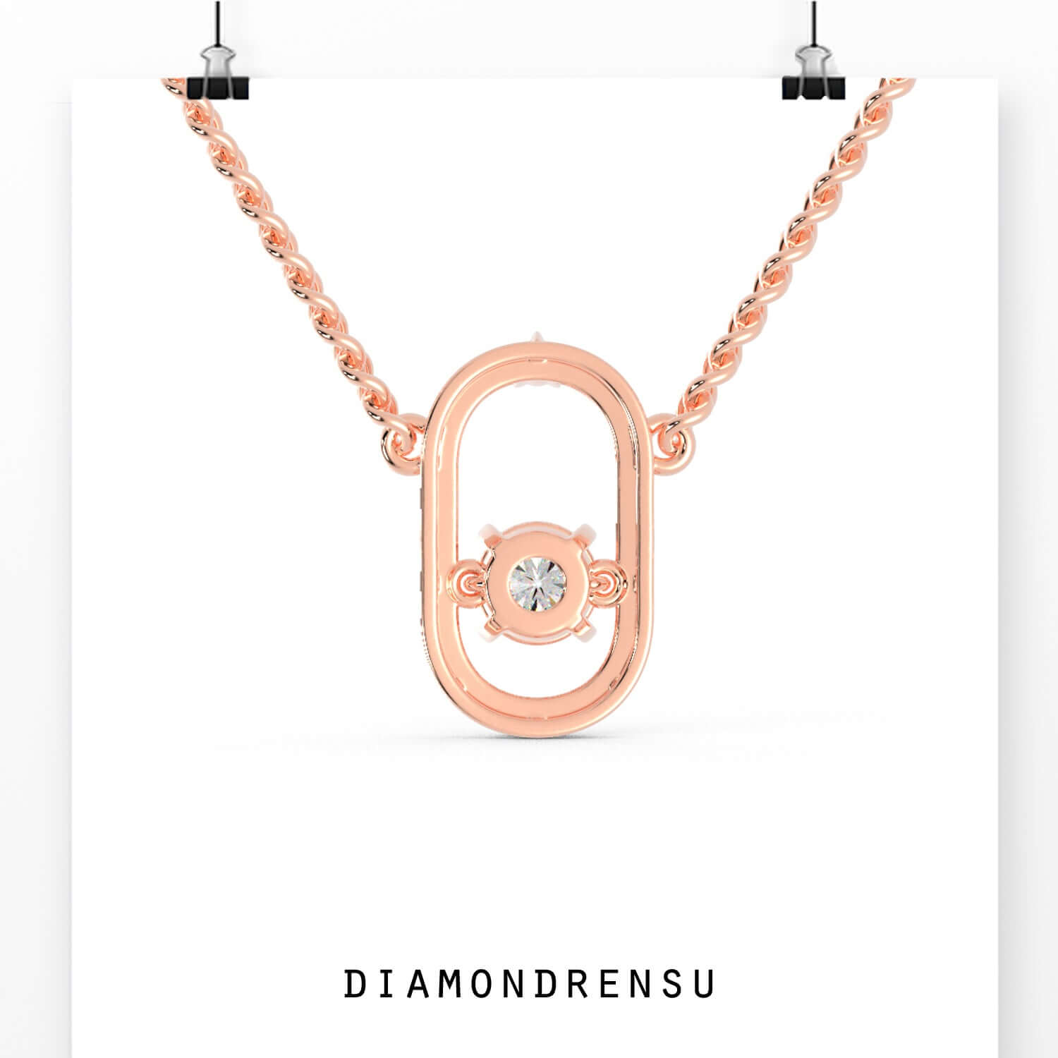 Rose gold 2 stone pendant with round diamonds and minimalist oval shape.