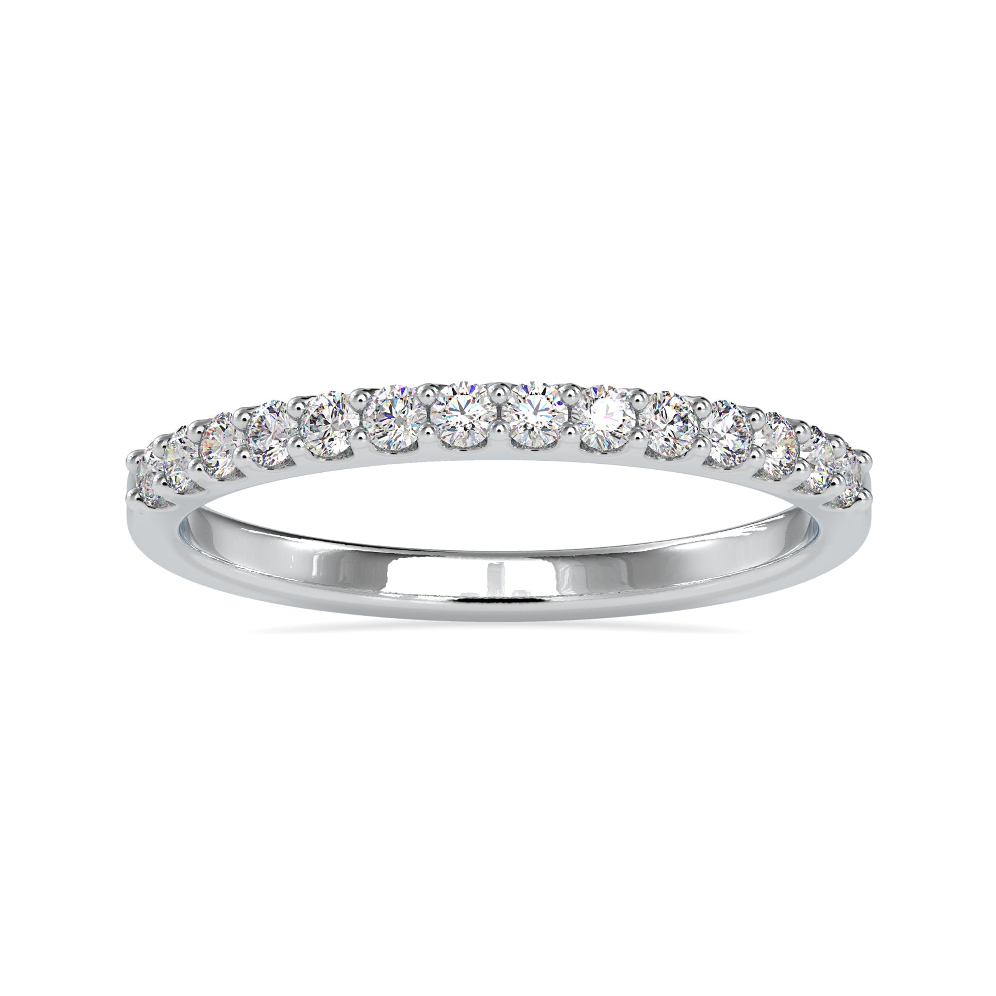 Diamondrensu UK wedding band with prong set diamonds.