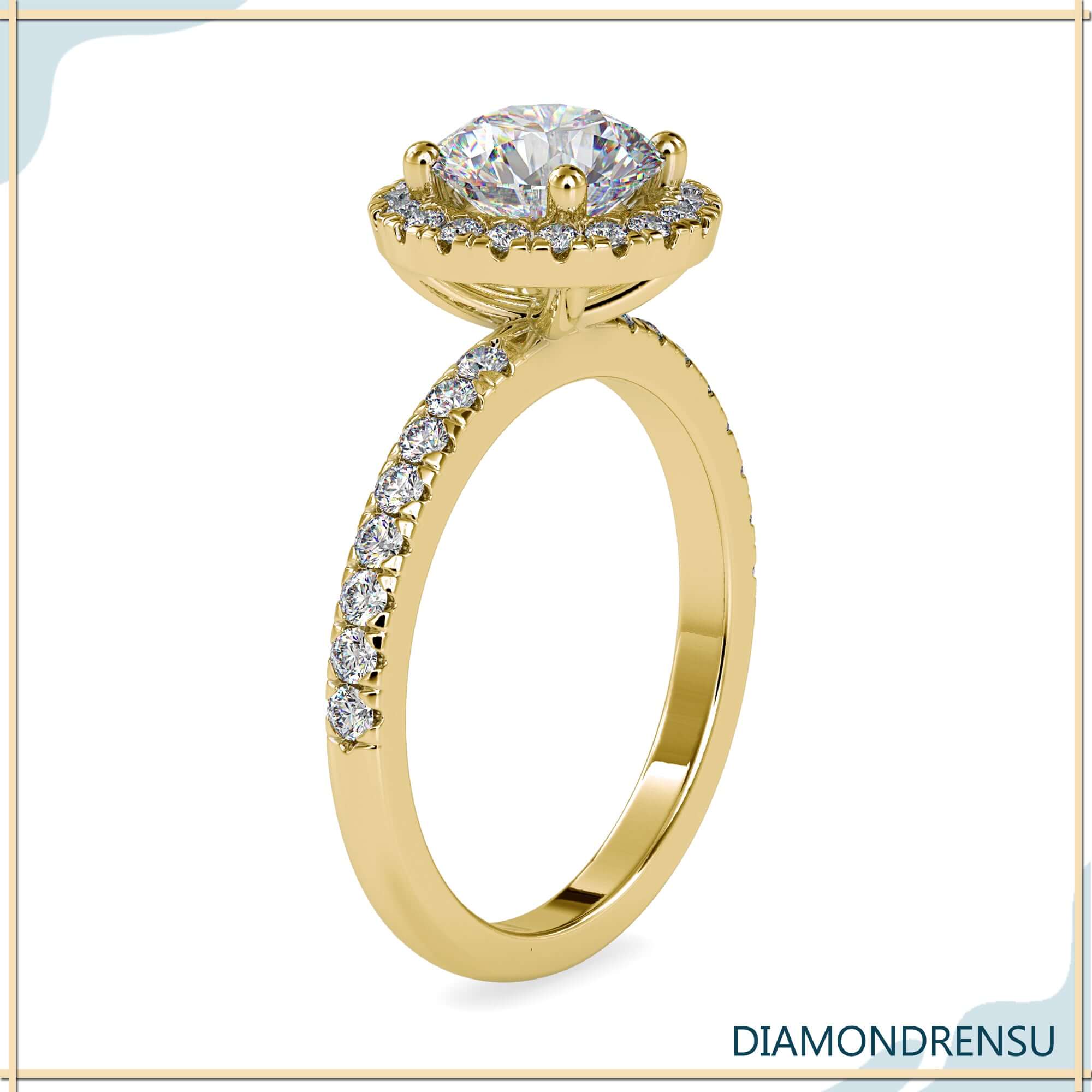 Halo engagement ring in white gold with lab grown diamond.