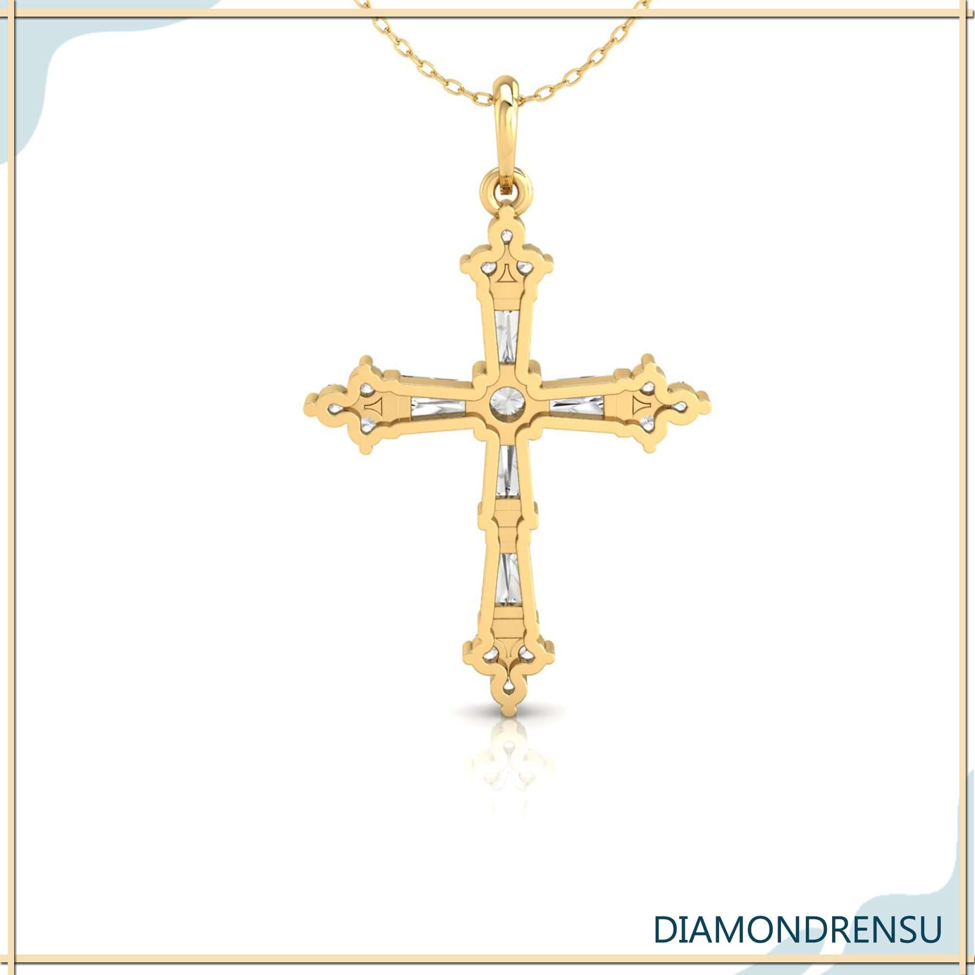 Cross pendant with tapered baguette diamonds and round accents.