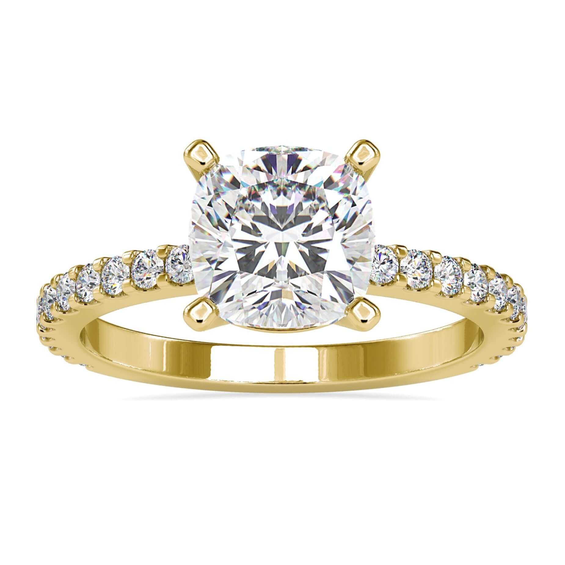 Cushion cut pave ring with round diamond side stones.