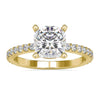 Cushion cut pave ring with round diamond side stones.