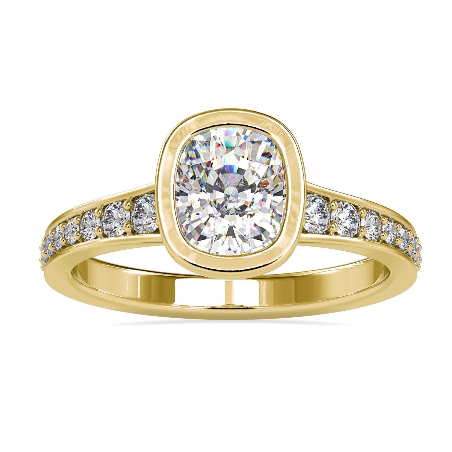 Bezel set diamond ring with cushion cut lab grown stone.