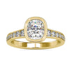 Bezel set diamond ring with cushion cut lab grown stone.