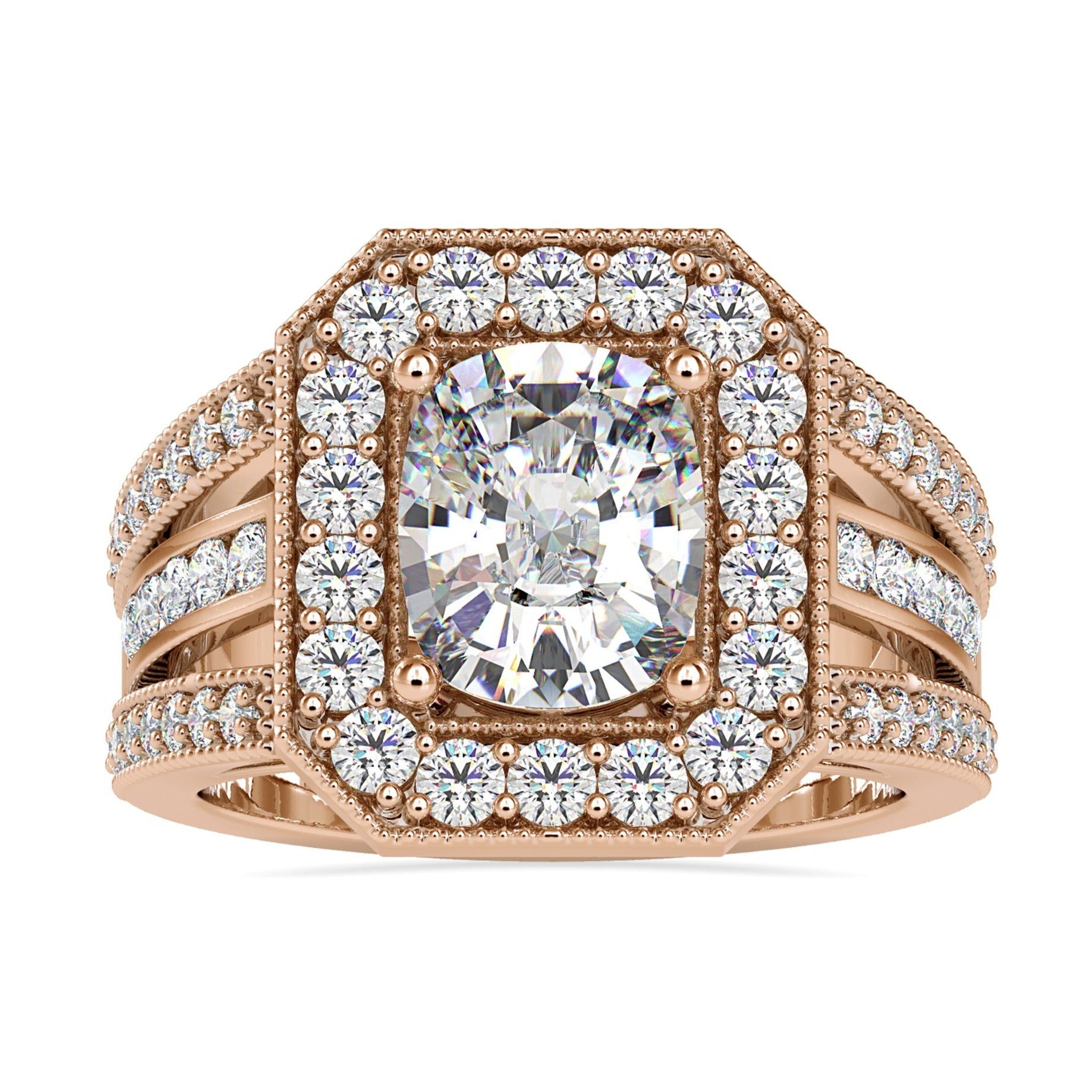 Vintage engagement ring with cushion cut centre and halo setting.
