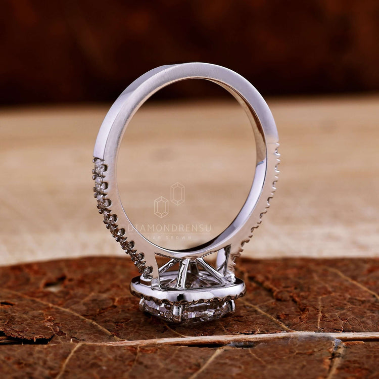 Pave diamond ring paired with a shared prong eternity band.