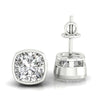 ushion cut diamond stud earrings set in bezel design.