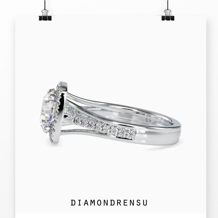 Buy diamond ring in UK with halo and pave combination.