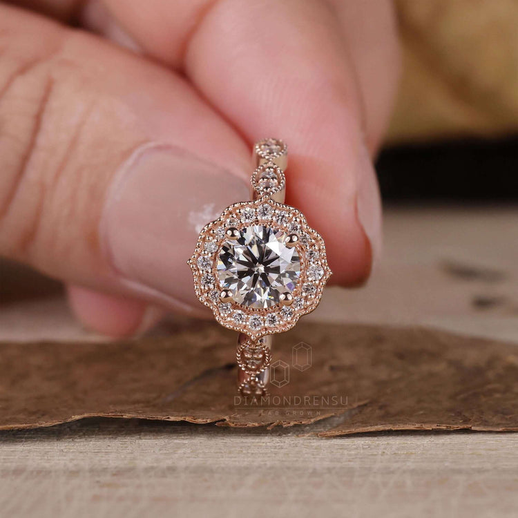 Classic cathedral ring setting with round diamond accents.