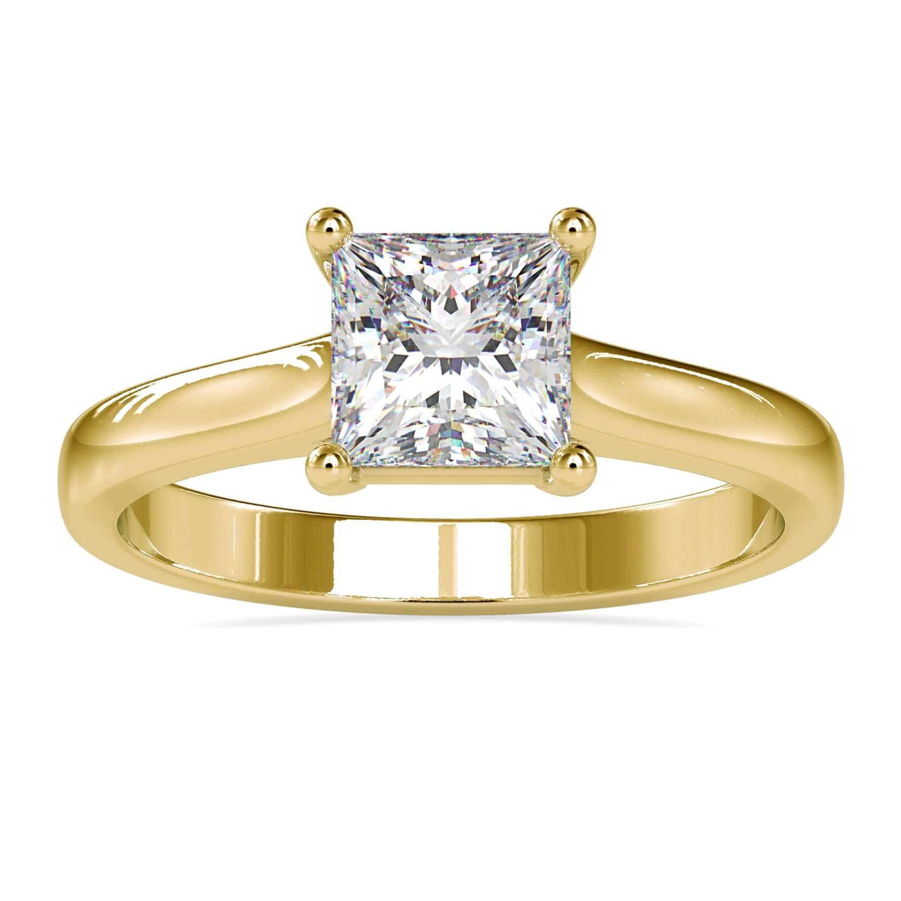 Princess diamond ring in cathedral setting with 4 round prong.