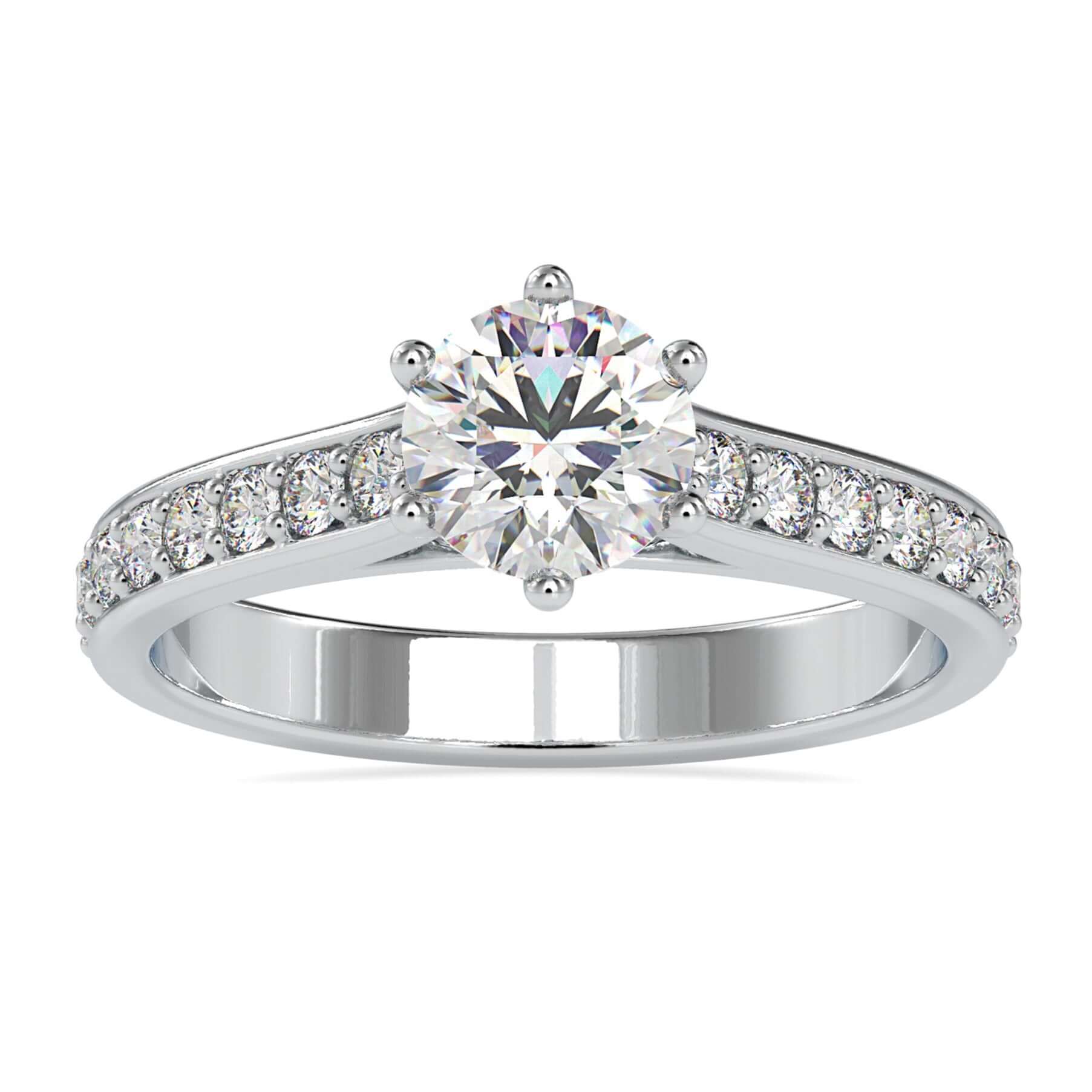 Lab grown diamond engagement ring with 6 round prong setting.