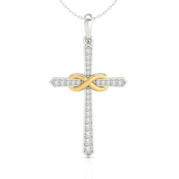 Gold cross pendant with round cut diamond in prong setting.