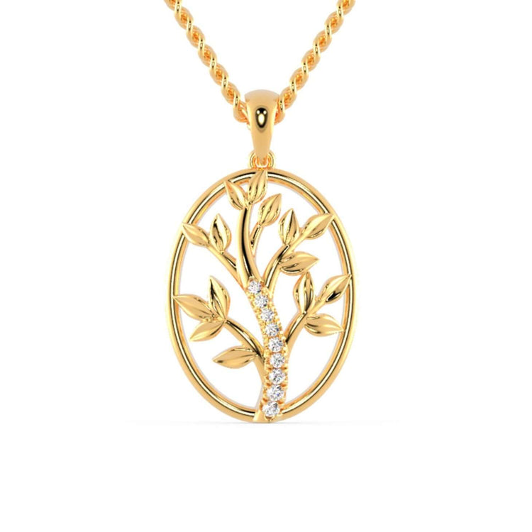 Tree of life gold pendant with round cut lab grown diamond.