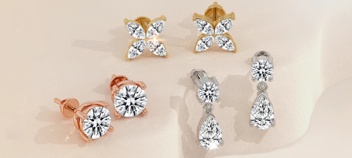 Luxury Earrings set with sparkling diamonds in rose gold, yellow gold, and white gold. Luxury Earrings set with sparkling diamonds in rose gold, yellow gold, and white gold.
