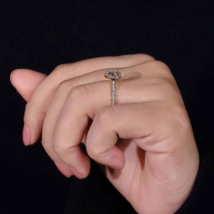 Pave diamond ring with a heart shaped design, ideal as a diamondrensu UK ring for engagements.