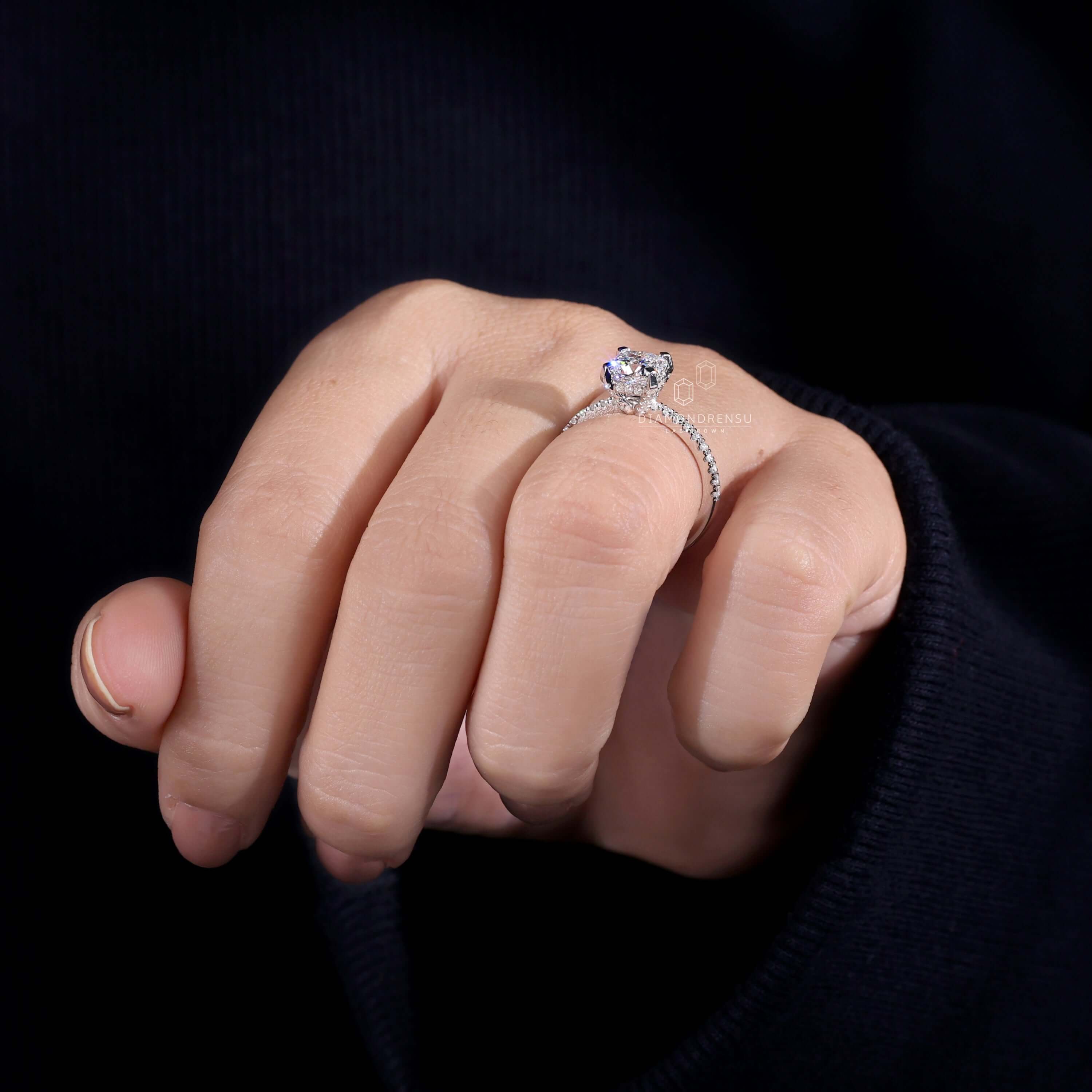 Pave ring with cushion cut diamond, made with precision by Diamondrensu.
