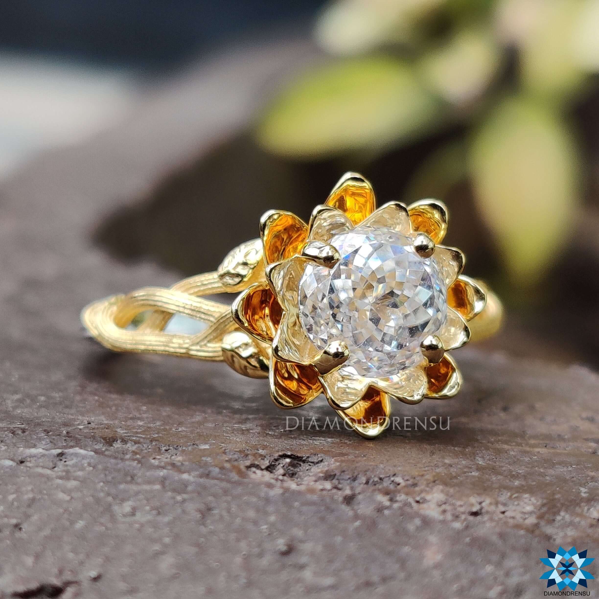 Exquisite Portuguese cut ring featuring brilliant facets for maximum sparkle.