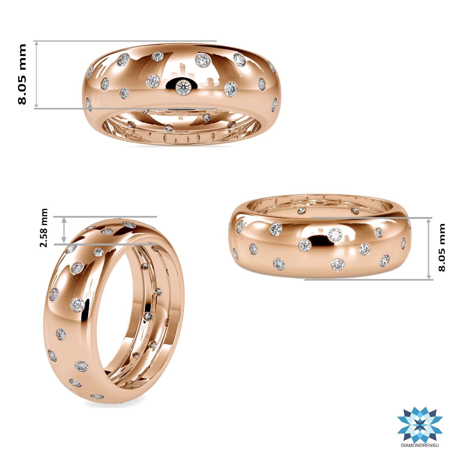 Buy wedding band featuring flush set round diamonds.