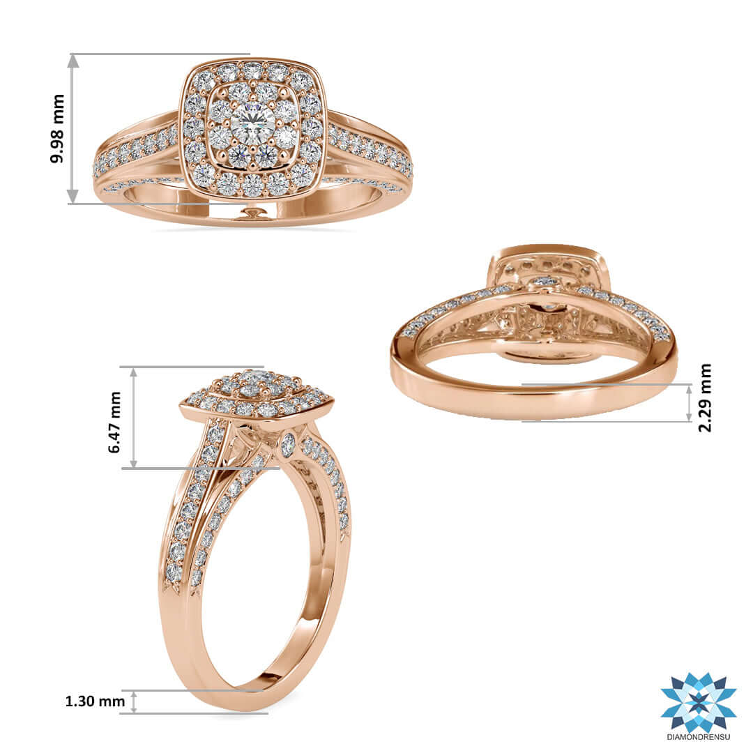 Split shank engagement ring with round cut pave band.