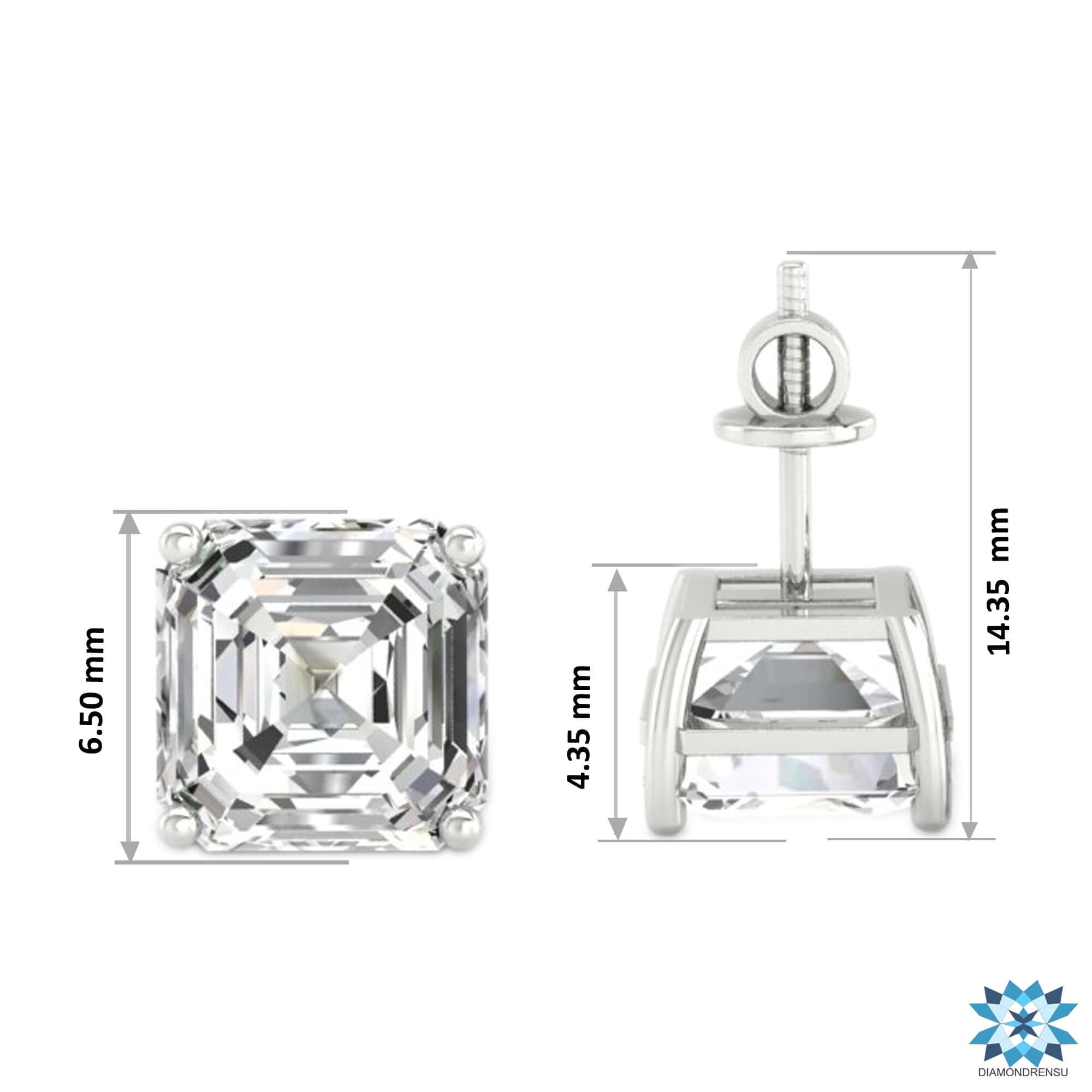 4 prong earrings with lab grown asscher cut diamonds.