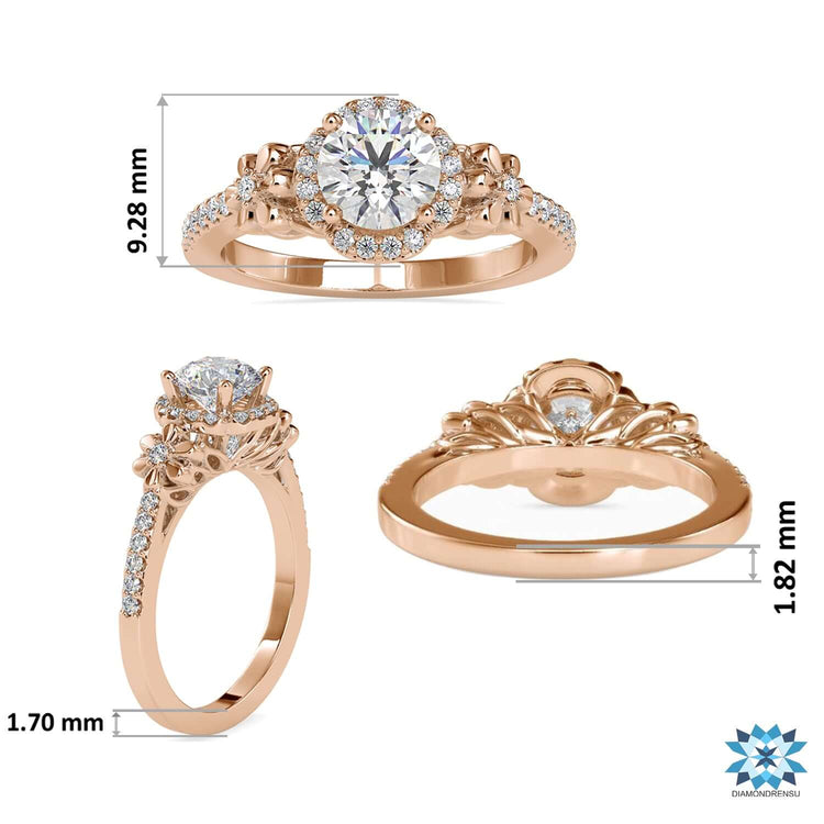 Round prong setting flower diamond ring in white gold.