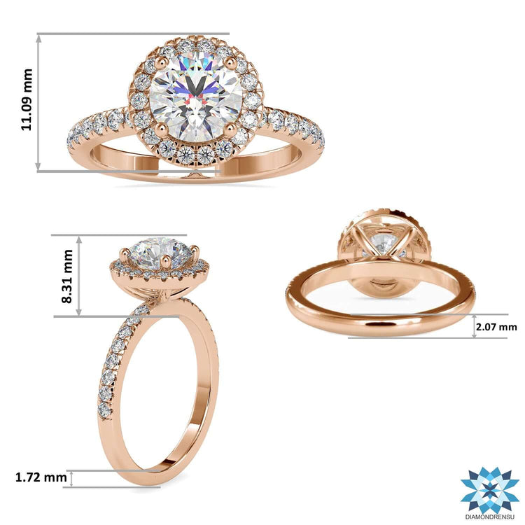 Lab grown diamond with 4 round prong halo setting.