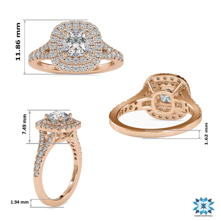 Round cut pave band paired with cushion cut halo diamond setting.