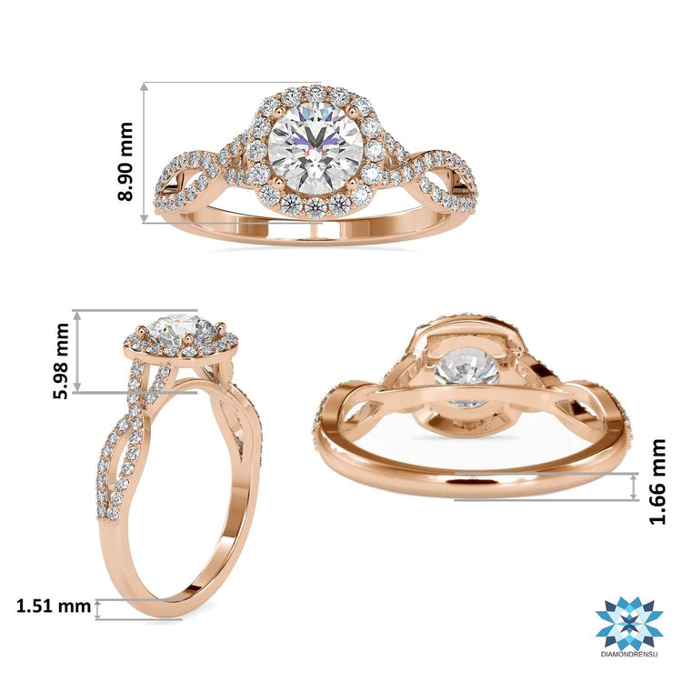 Twisted diamond engagement ring featuring lab grown round cut diamond.