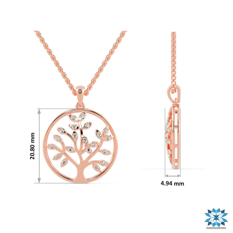Handmade pendant with tree of life motif in rose gold.