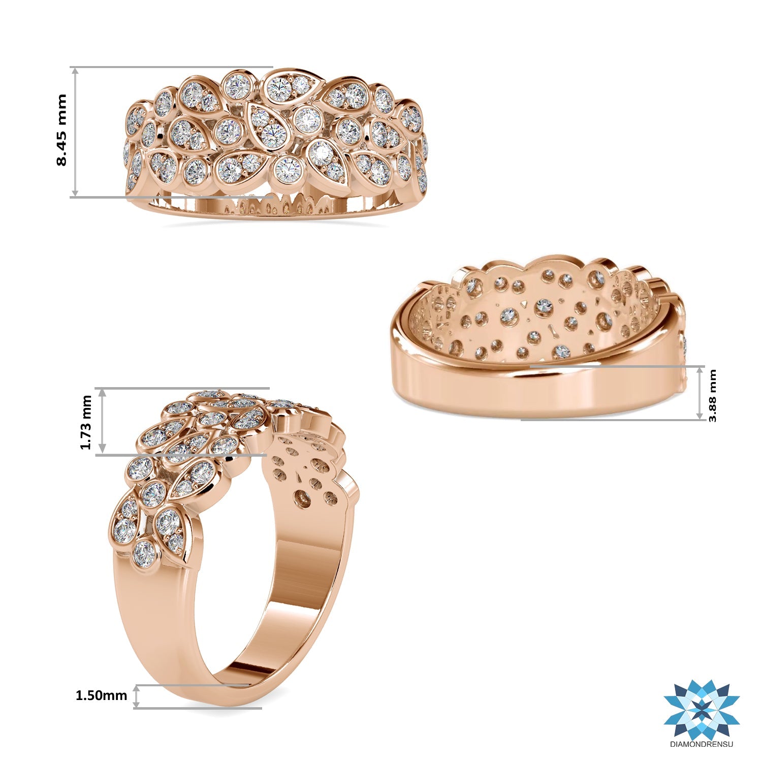 Unique diamond band featuring bezel set stones.