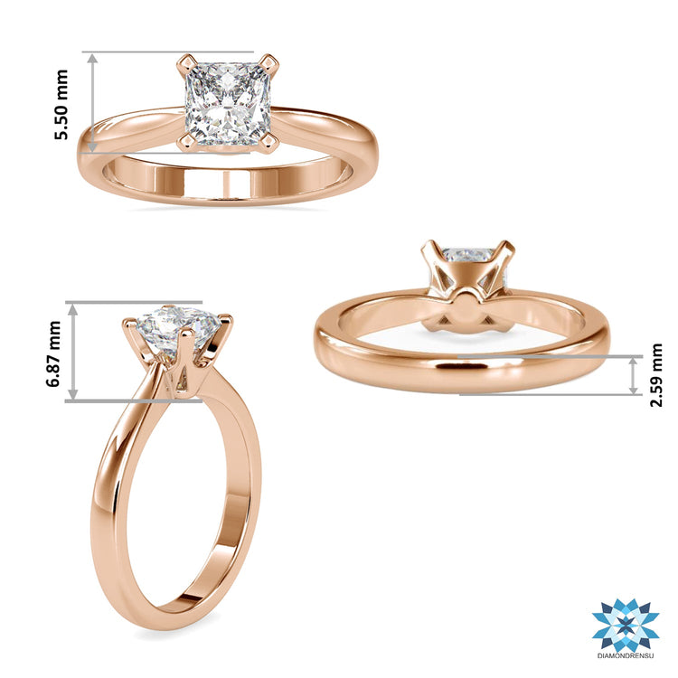 Custom design ring with princess cut solitaire diamond and clean shank.