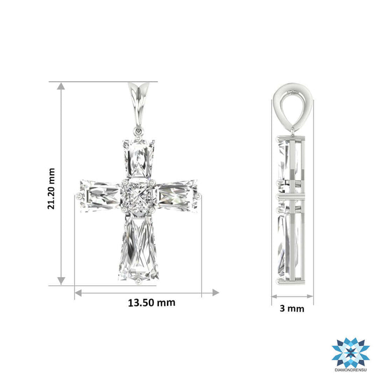 Rose gold cross pendant with tapered baguette diamond accents.