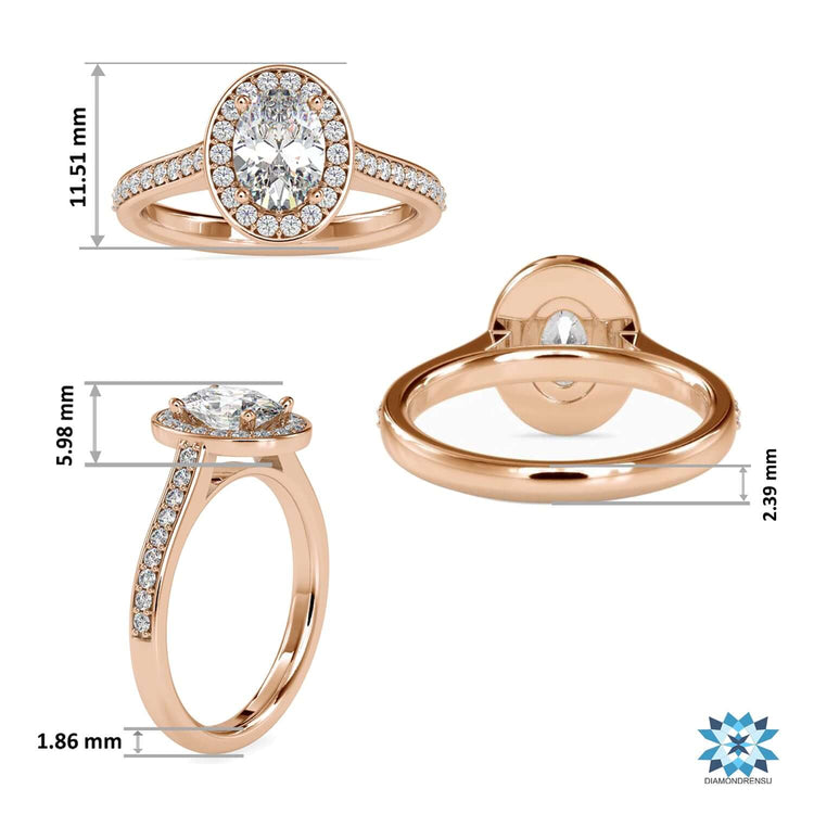 Buy diamond ring with oval halo and pave setting band.