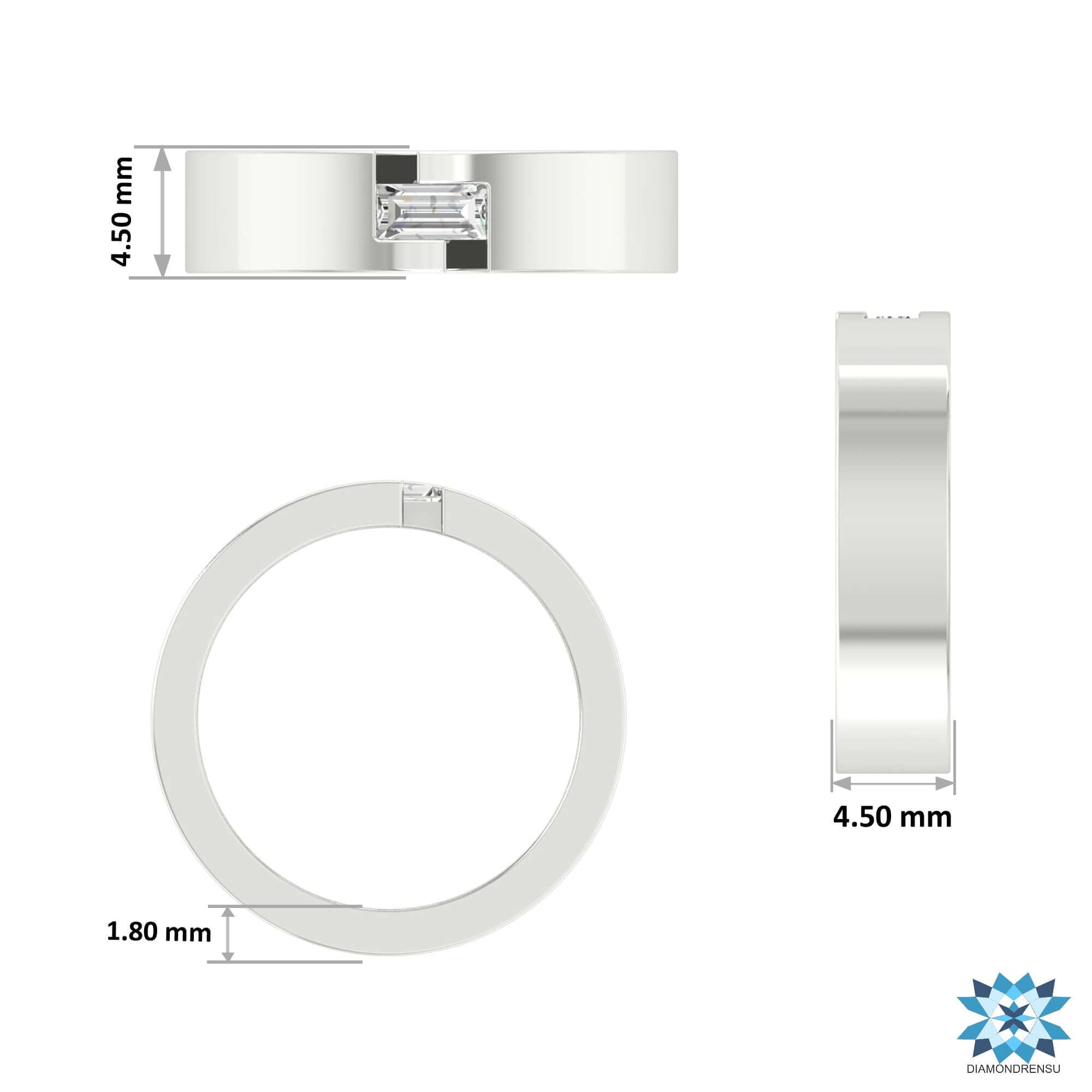 Open band setting with single baguette cut diamond in white gold.