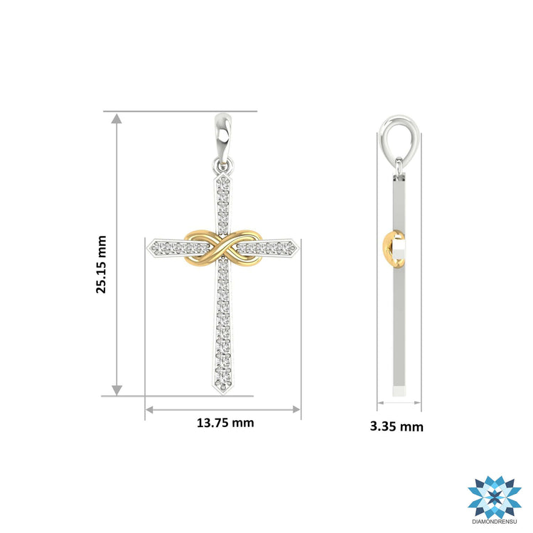 Round cut diamond pendant in gold cross design.