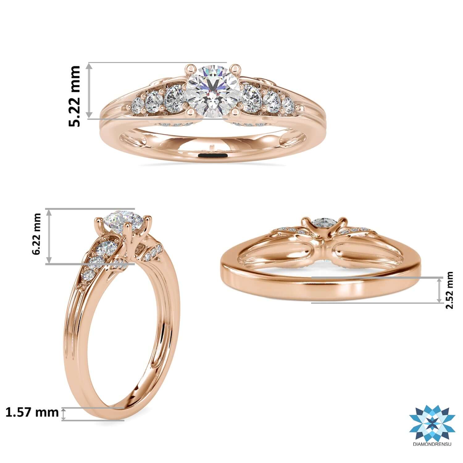 White gold ring featuring seven round brilliant cut diamonds.