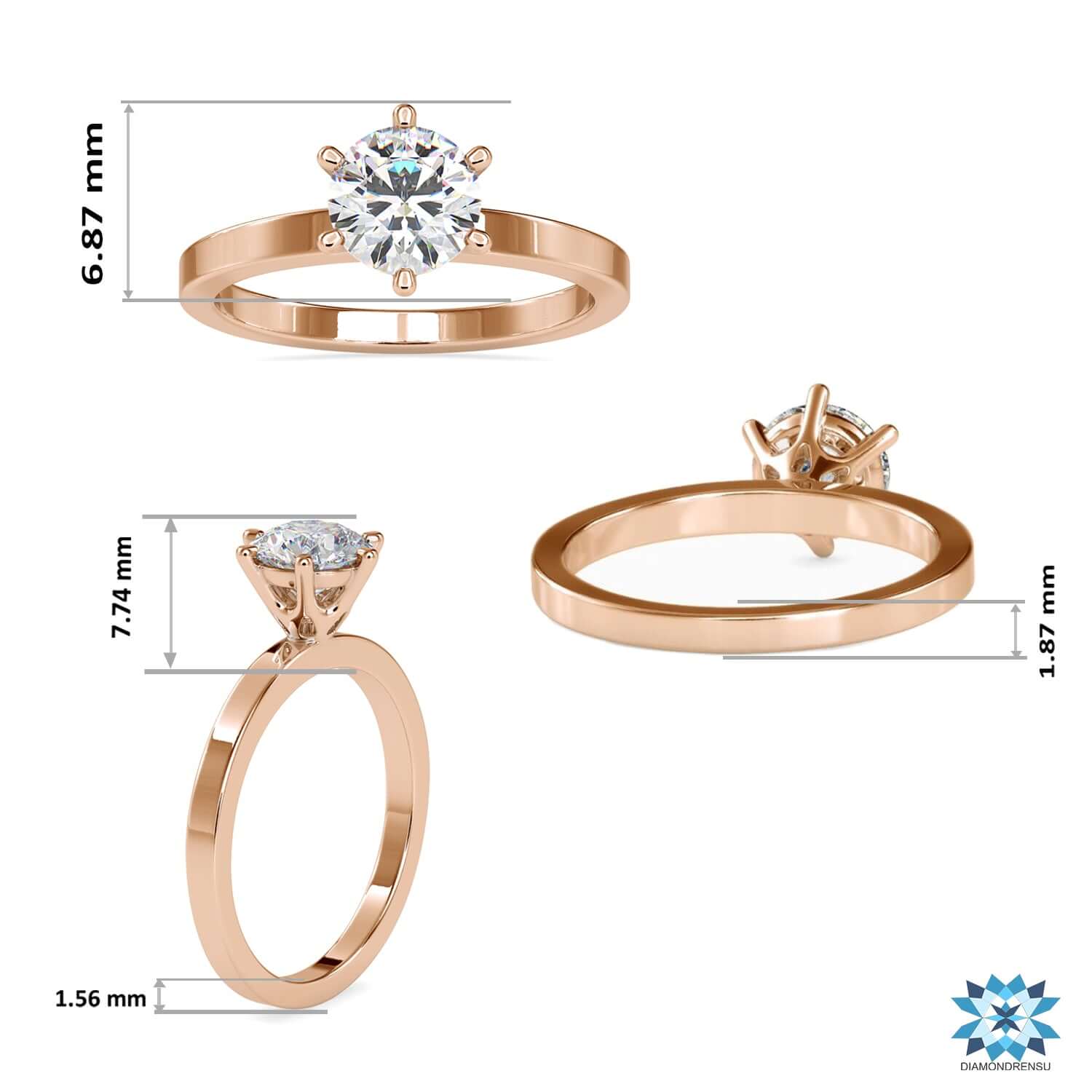 Round diamond ring in custom 6 prong setting design.