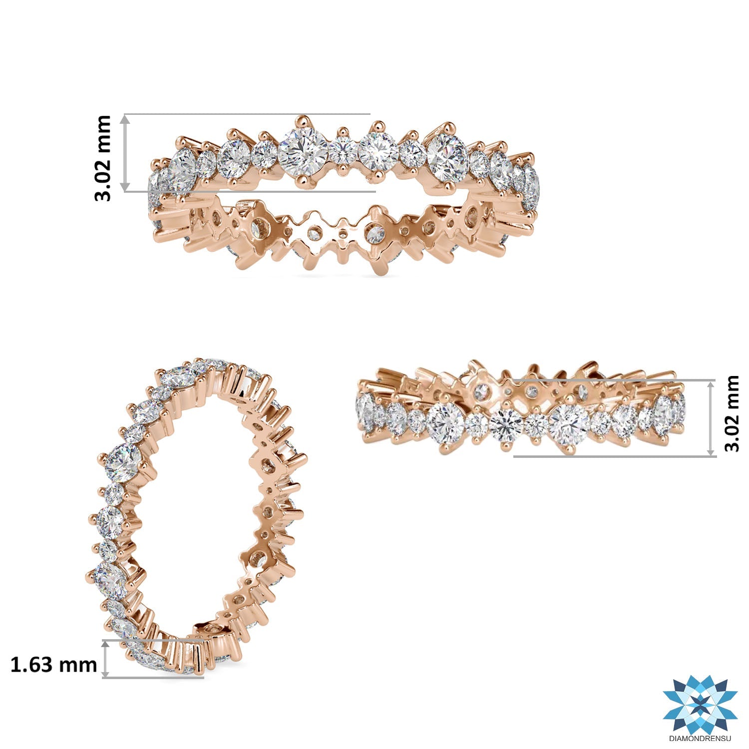 White gold eternity band featuring handmade round diamonds.