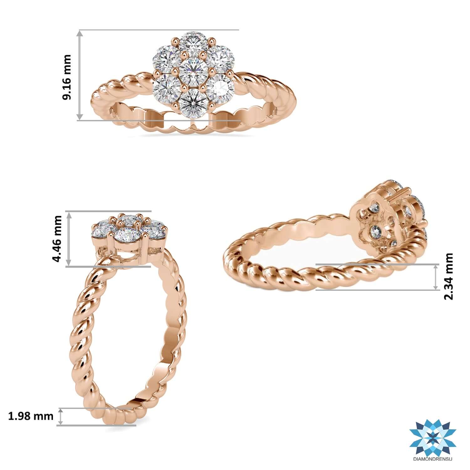 Round cut diamond ring with twisted rope shank band.